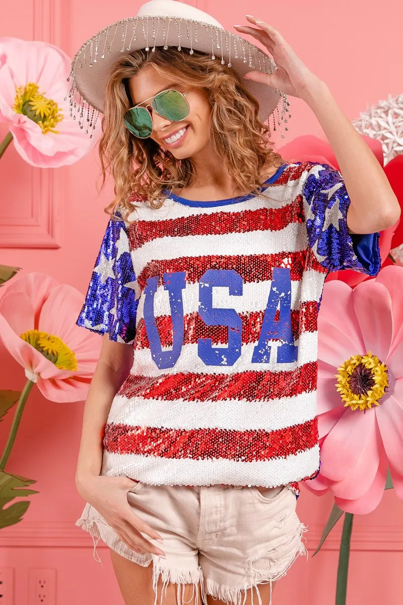 BiBi American Flag Theme USA Lettering Sequin Top OutfitFlow