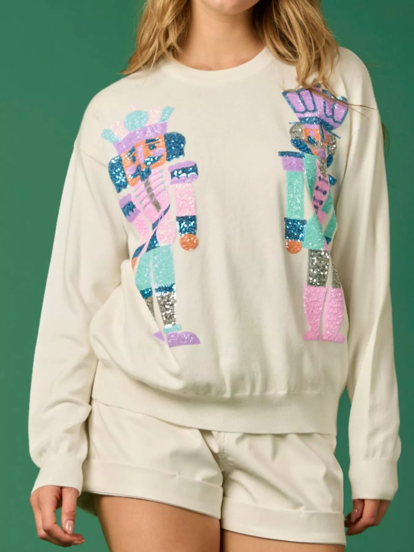 Sequined Nutcracker Long Sleeve Sweatshirt Ivory OutfitFlow
