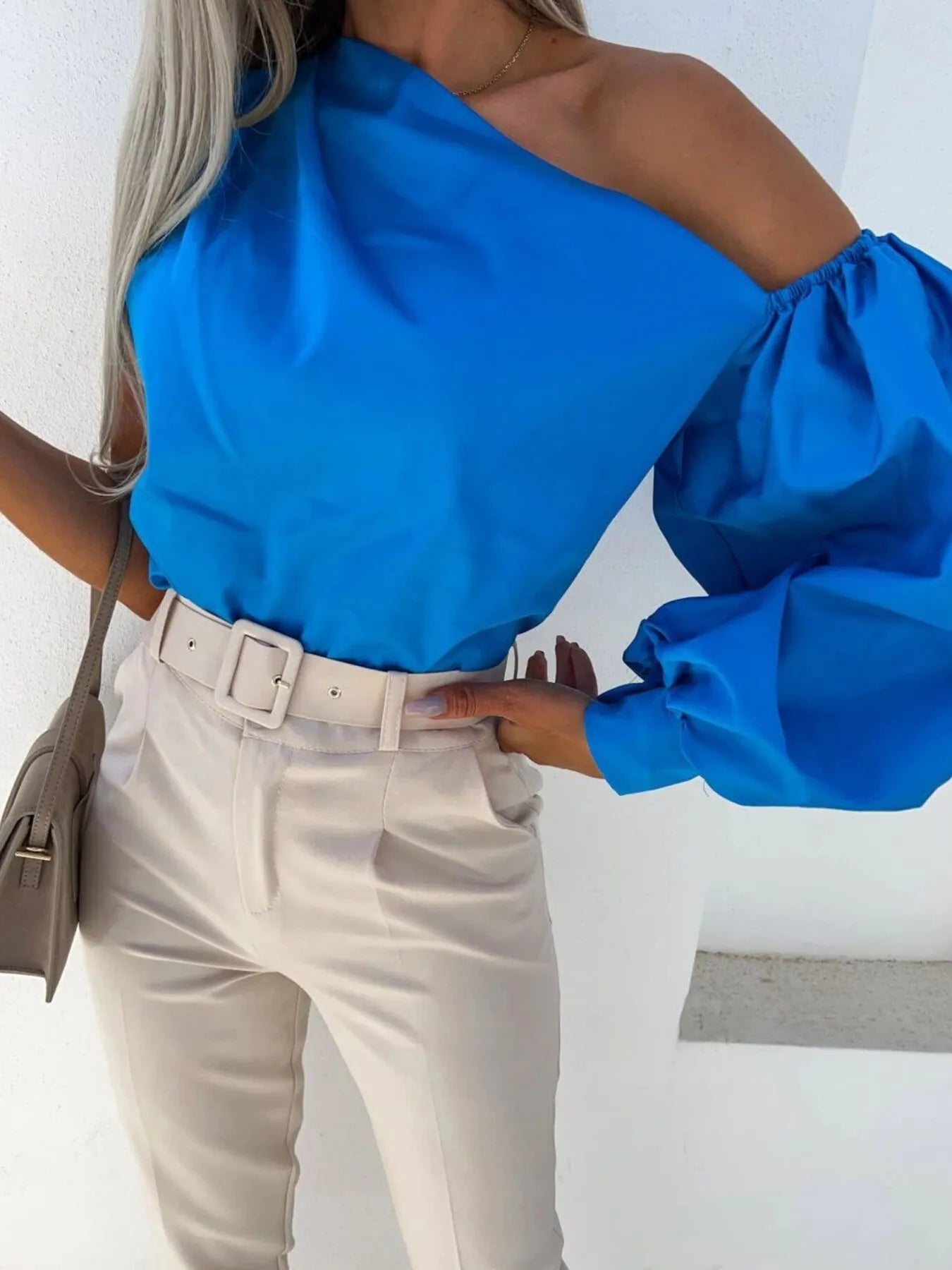 One Shoulder Puff Sleeve Blouse OutfitFlow