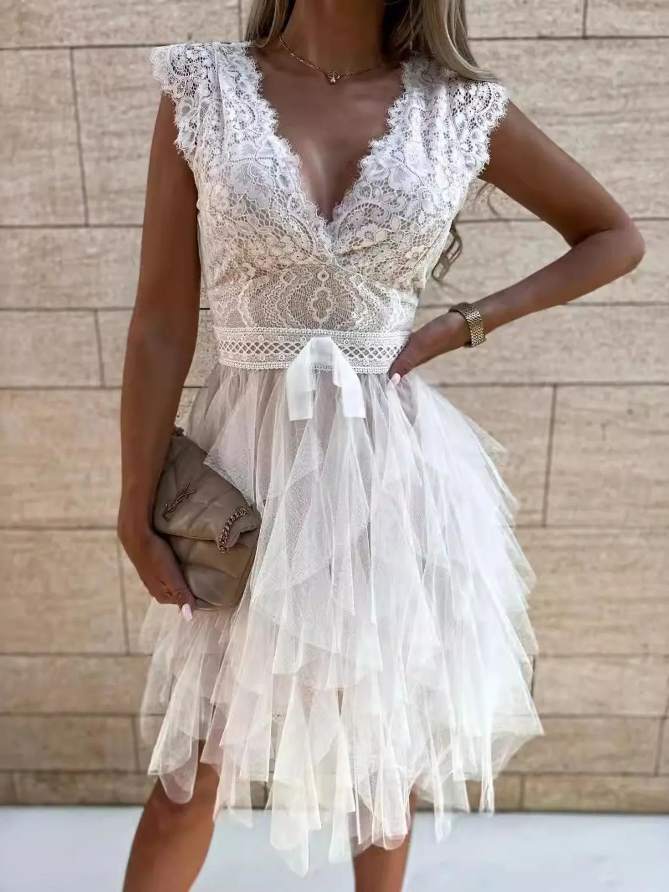 Lace V-Neck Ruffle Dress OutfitFlow