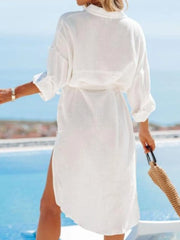 Button Down Tie Waist Shirt Dress OutfitFlow