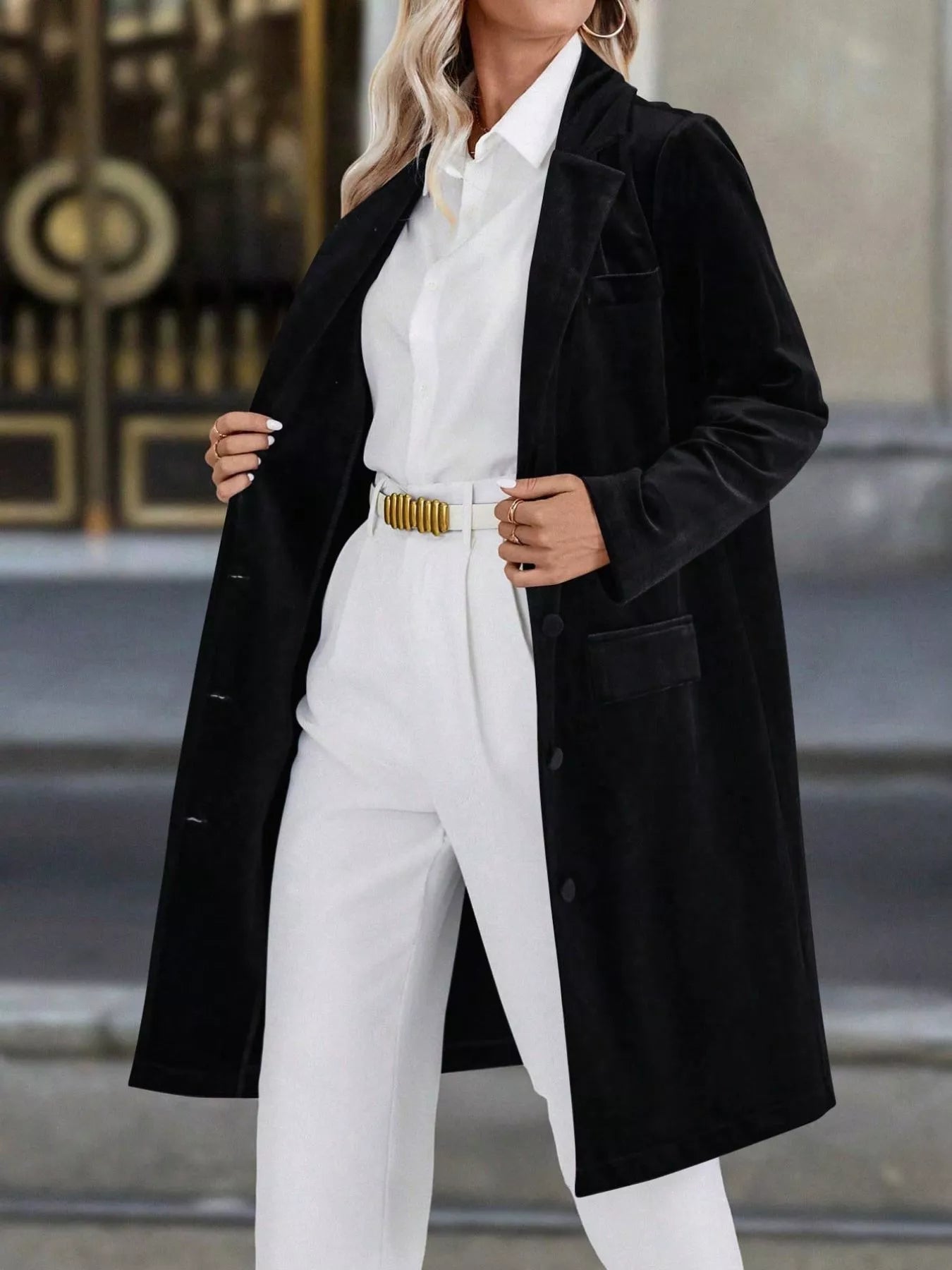 Lapel Collar Long Sleeve Longline Coat OutfitFlow