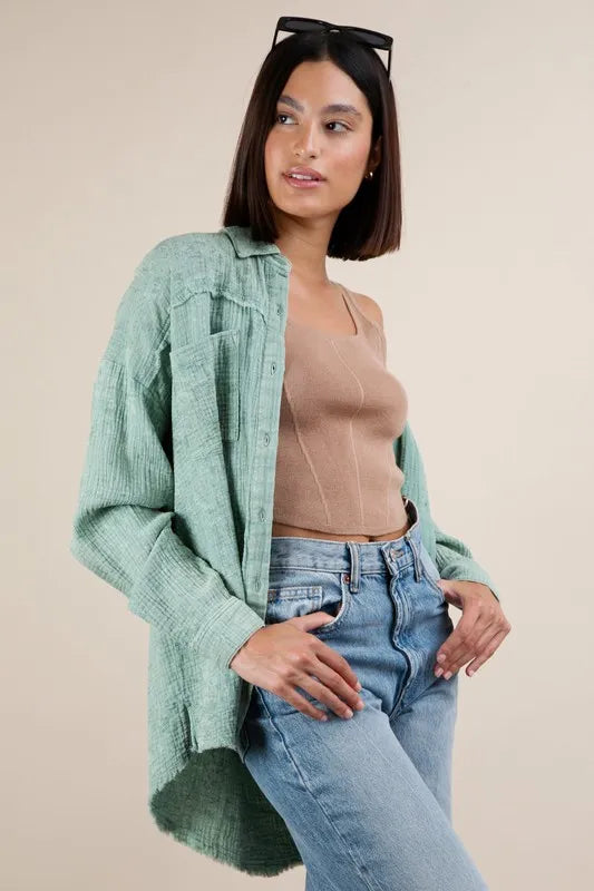 VERY J Mineral Washed Gauze Button Down Shirt OutfitFlow