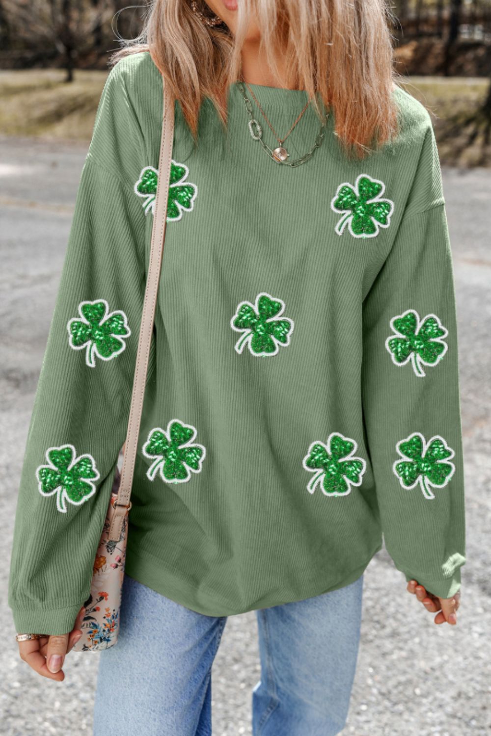 Outfit Flow - Sequin Lucky Clover Round Neck Long Sleeve Sweatshirt