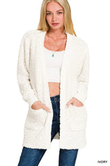 Zenana Long Sleeve Popcorn Sweater Cardigan with Pockets IVORY Trendsi