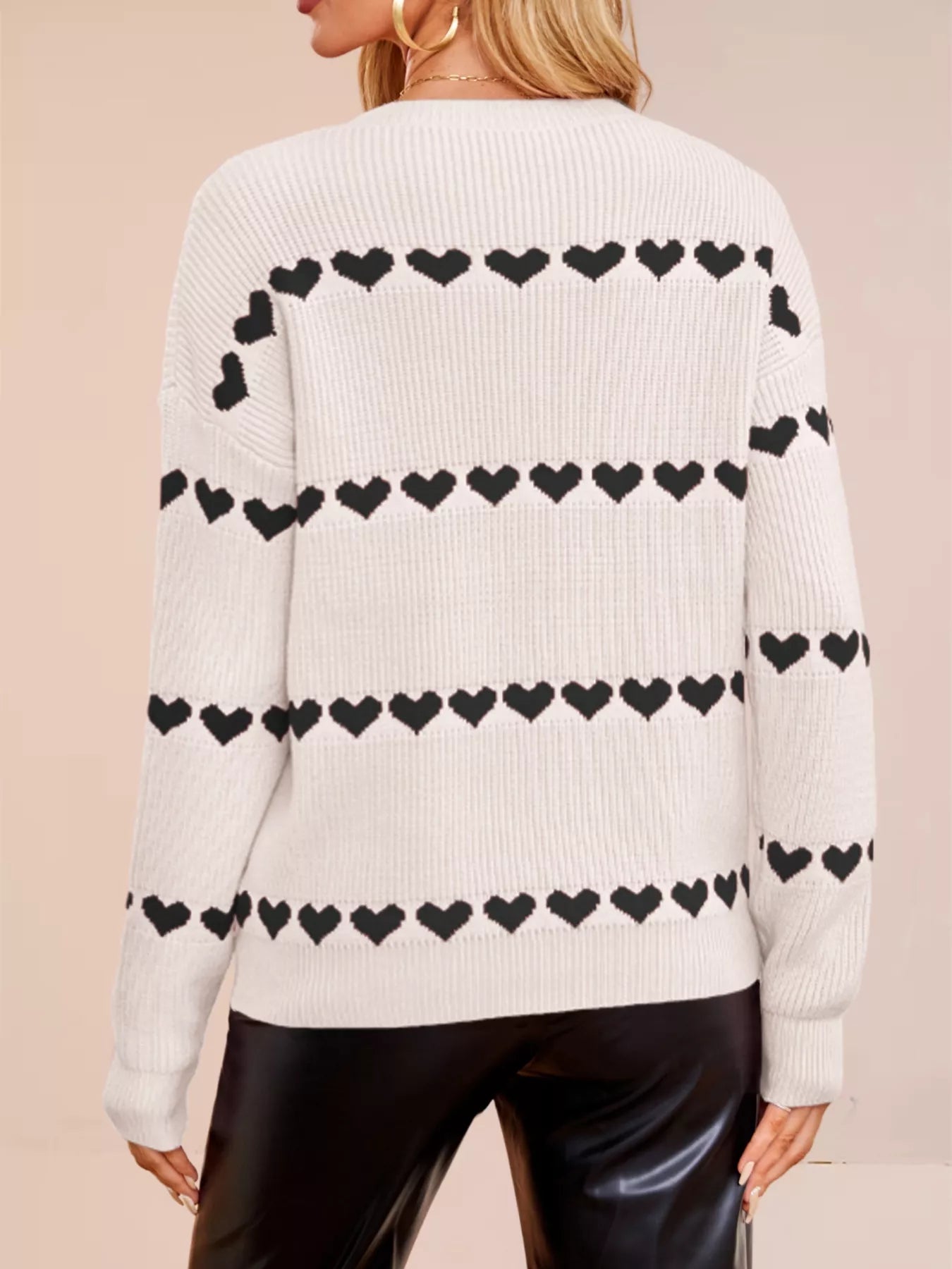 Heart Pattern Dropped Shoulder Sweater OutfitFlow