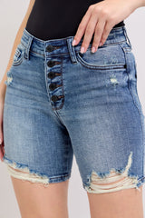 Judy Blue Button Fly Mid Length Denim Shorts W/ Destroy MD OutfitFlow