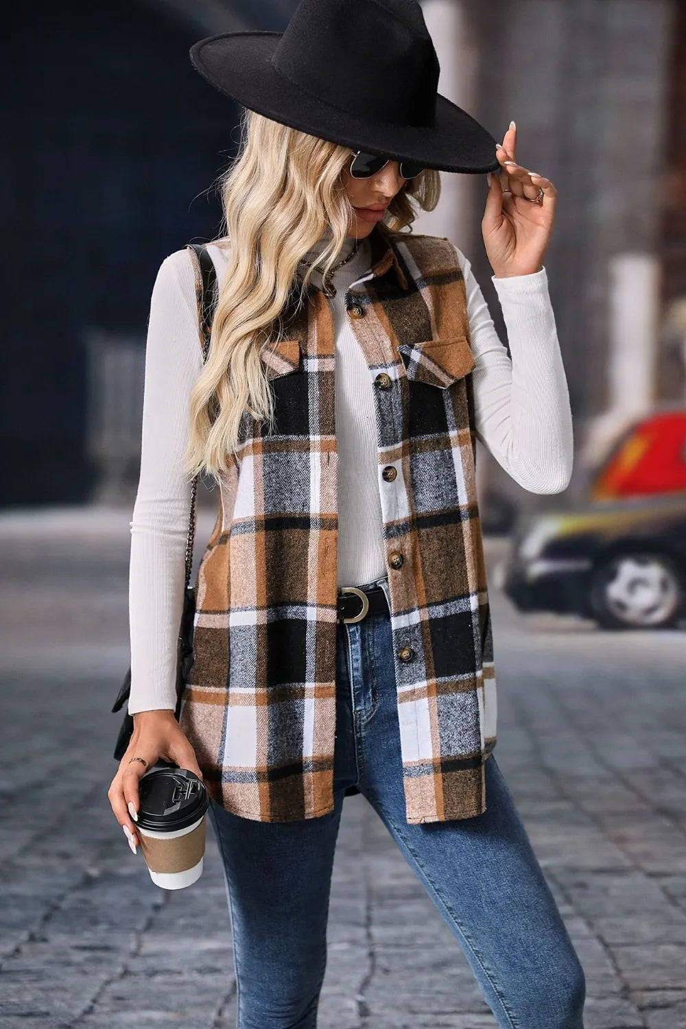 Plaid Button Up Vest Coat Trendsi