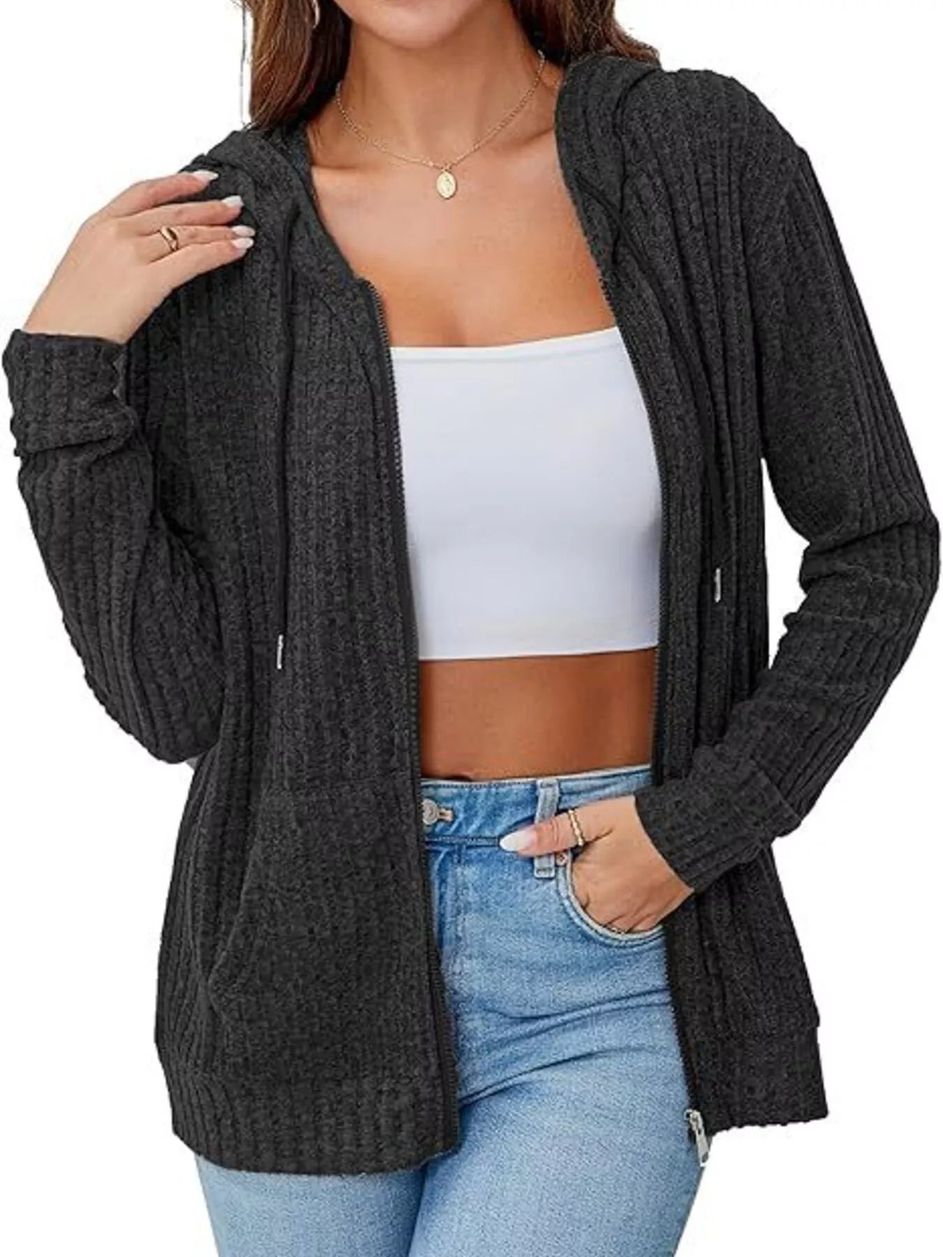 Ribbed Zip Up Hooded Outerwear Trendsi