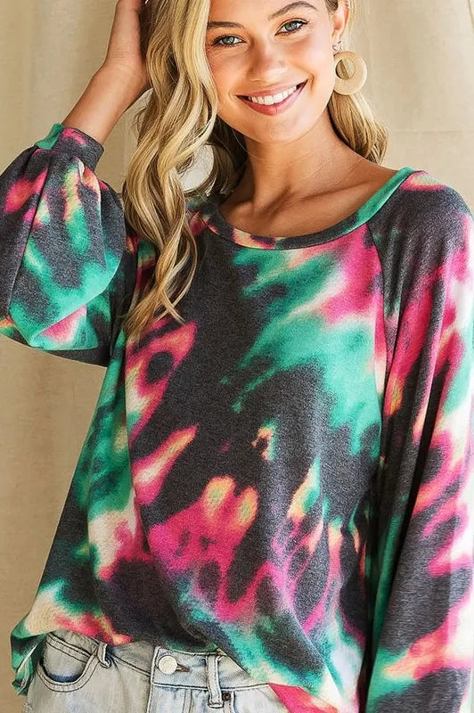 BiBi Tie Dye Print Terry Top with Puff Sleeves OutfitFlow
