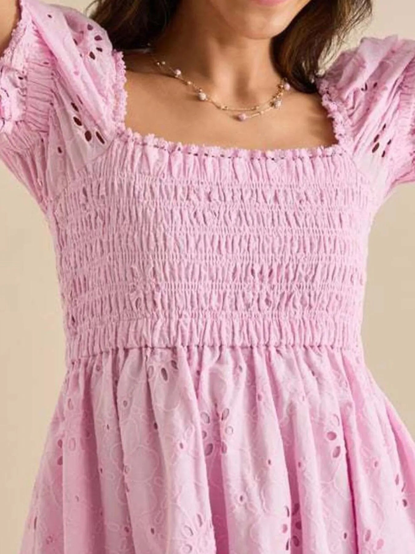 Eyelet Puff Sleeve Smocked Mini Dress OutfitFlow