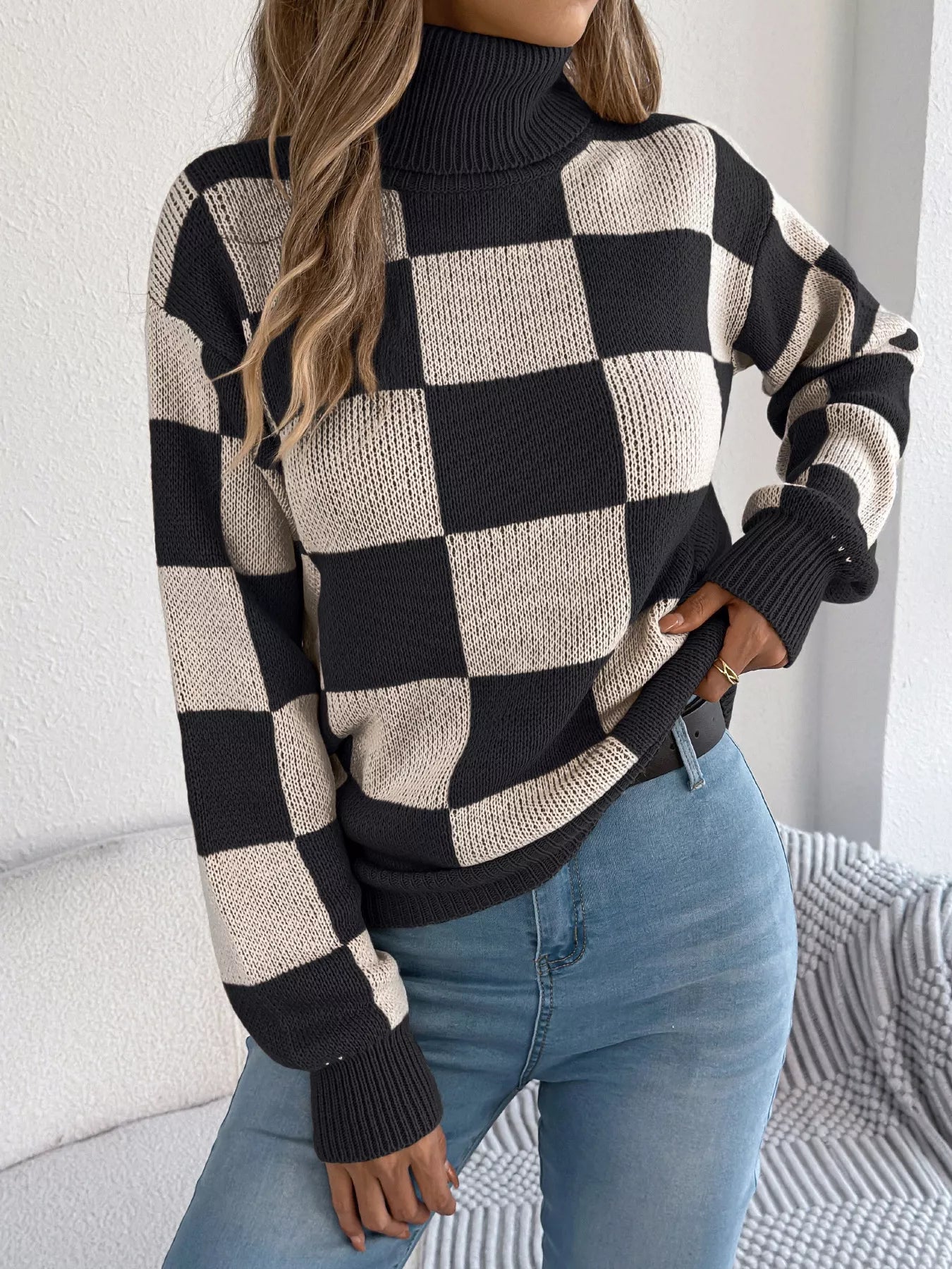 Checkered Turtleneck Long Sleeve Sweater OutfitFlow