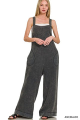 Zenana Double Gauze Washed Wide Leg Overalls ASH BLACK OutfitFlow