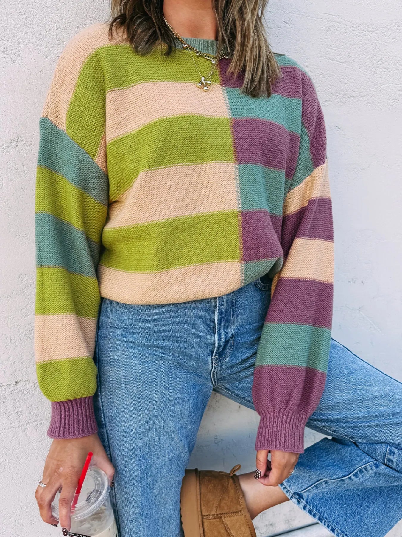 Stripe Drop Shoulder Ribbed Edge Sweater OutfitFlow