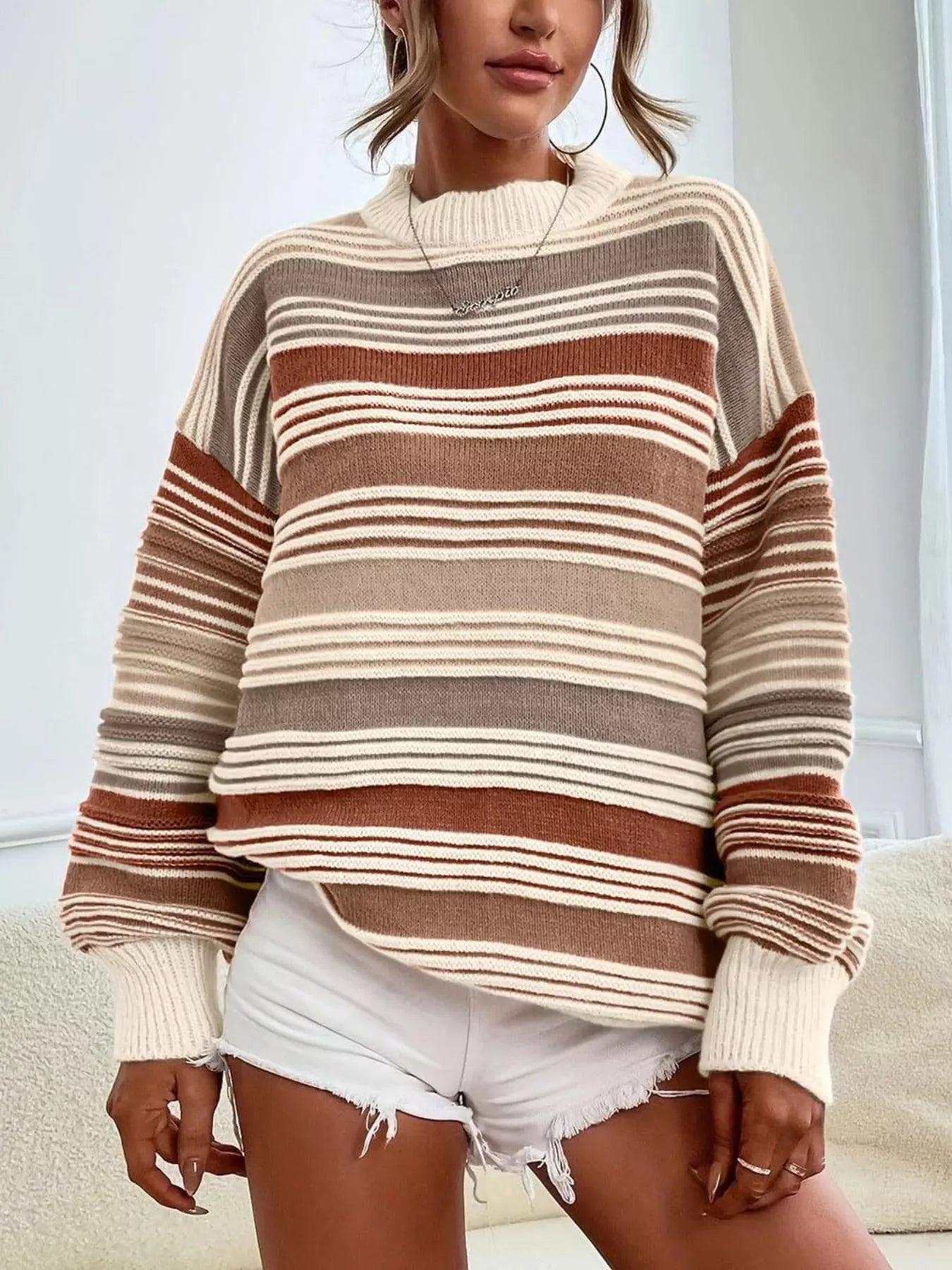 Rainbow Striped Drop Shoulder Oversized Sweater Brown OutfitFlow