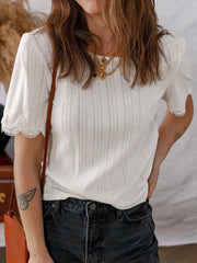 Scalloped Lace Trim Jacquard Textured T Shirt OutfitFlow