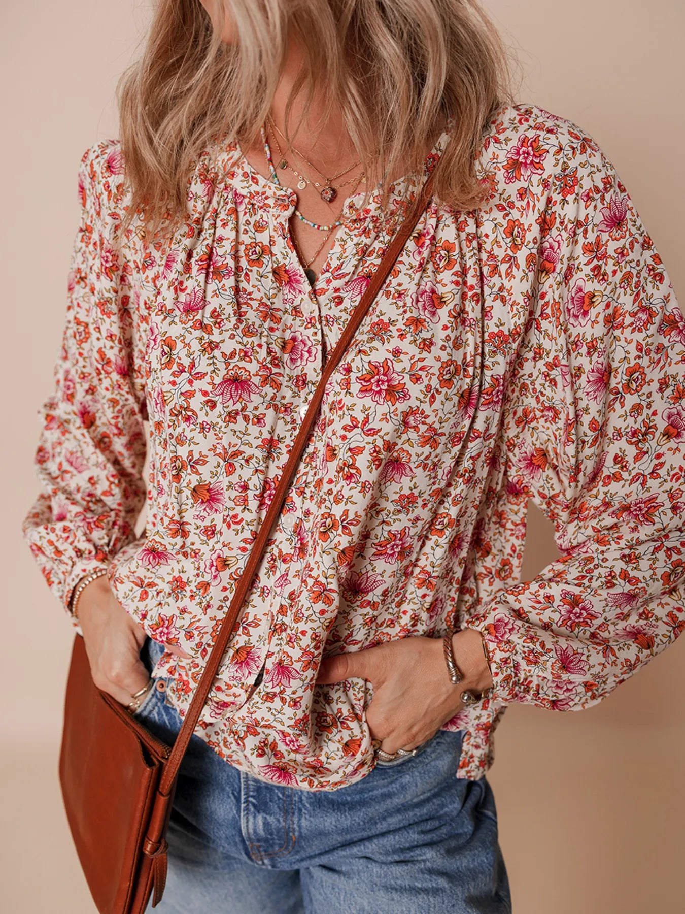 Floral Long Sleeve Button Down Blouse OutfitFlow