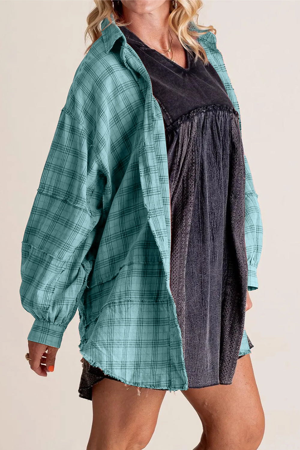 Outfit Flow - Exposed Seam Plaid Collared Neck Long Sleeve Shirt