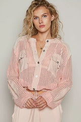 POL Texture Woven Button Down Hooded Shirt with Drawstring Hem OutfitFlow