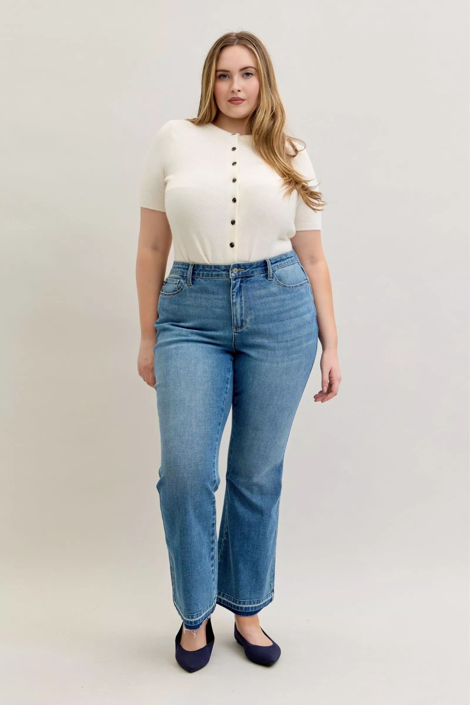 Judy Blue Full Size Mid Rise Slim Bootcut Tummy Control Release Hem Jeans Plus Size OutfitFlow