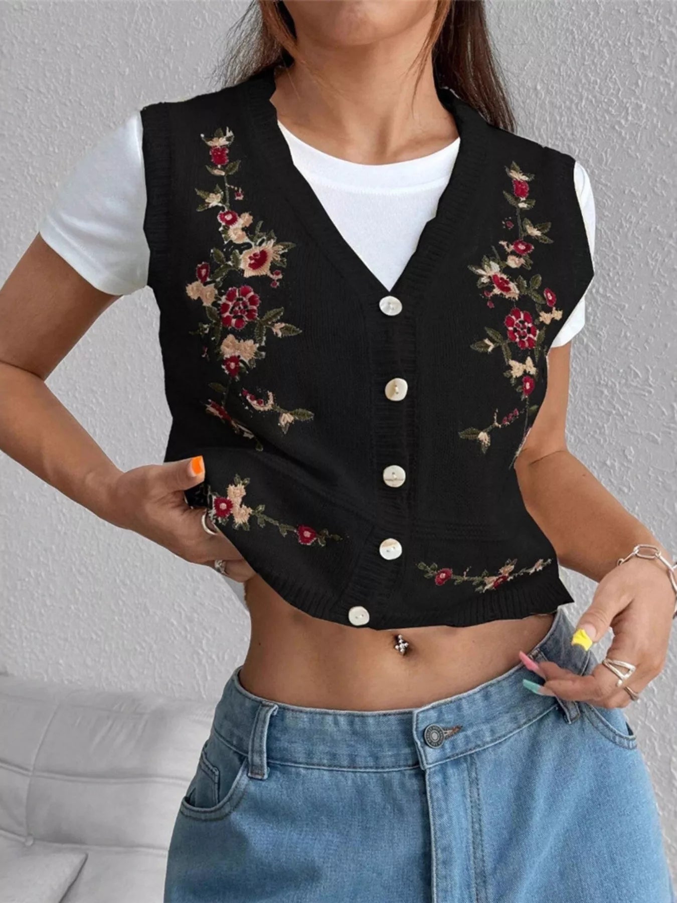 Embroidered Button Up Sweater Vest Black OutfitFlow