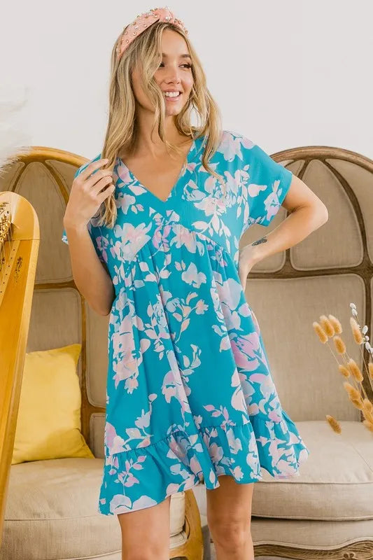 BiBi Floral Crinkle Shirred Ruffle Detail V Neck Dress OutfitFlow