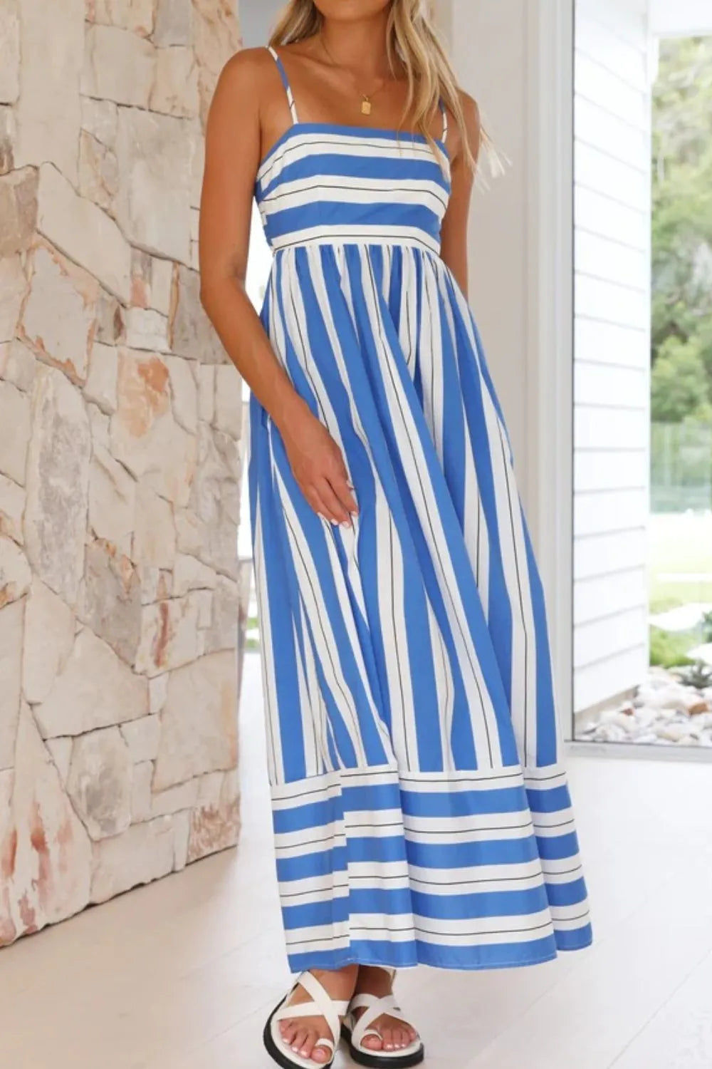 Striped Square Neck Cami Dress Blue OutfitFlow