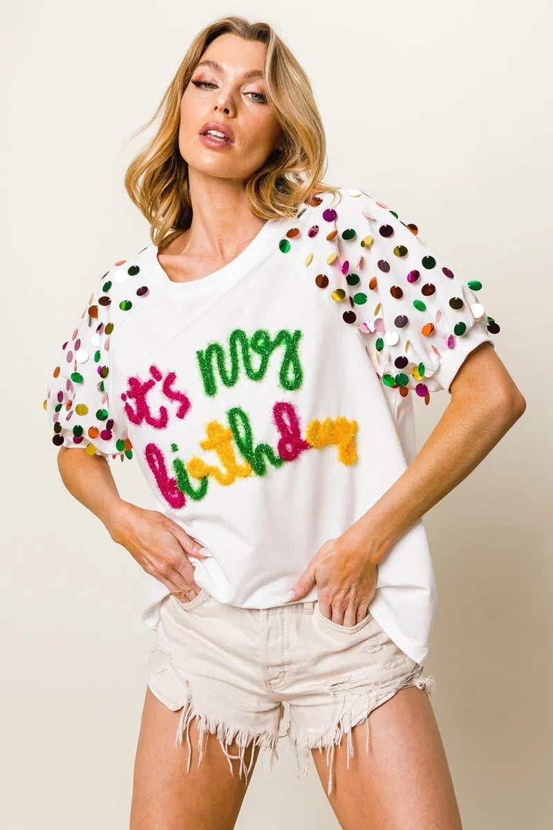 BiBi Metallic Letter Spangle Raglan Puff Sleeve Top OutfitFlow