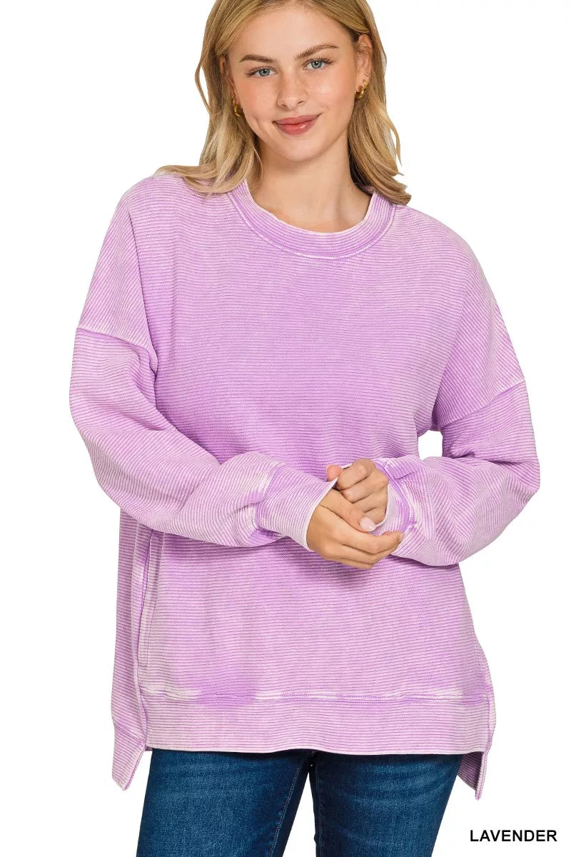 Zenana Acid Washed Double Ribbed Hi-low Sweatshirt LAVENDER Trendsi