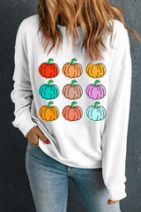 Pumpkin Graphic Long Sleeve Sweatshirt White OutfitFlow