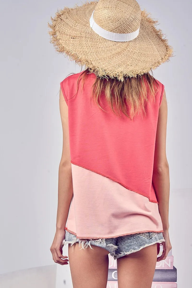 BiBi Color Block Contrast Stitching Buttoned Henley Top OutfitFlow