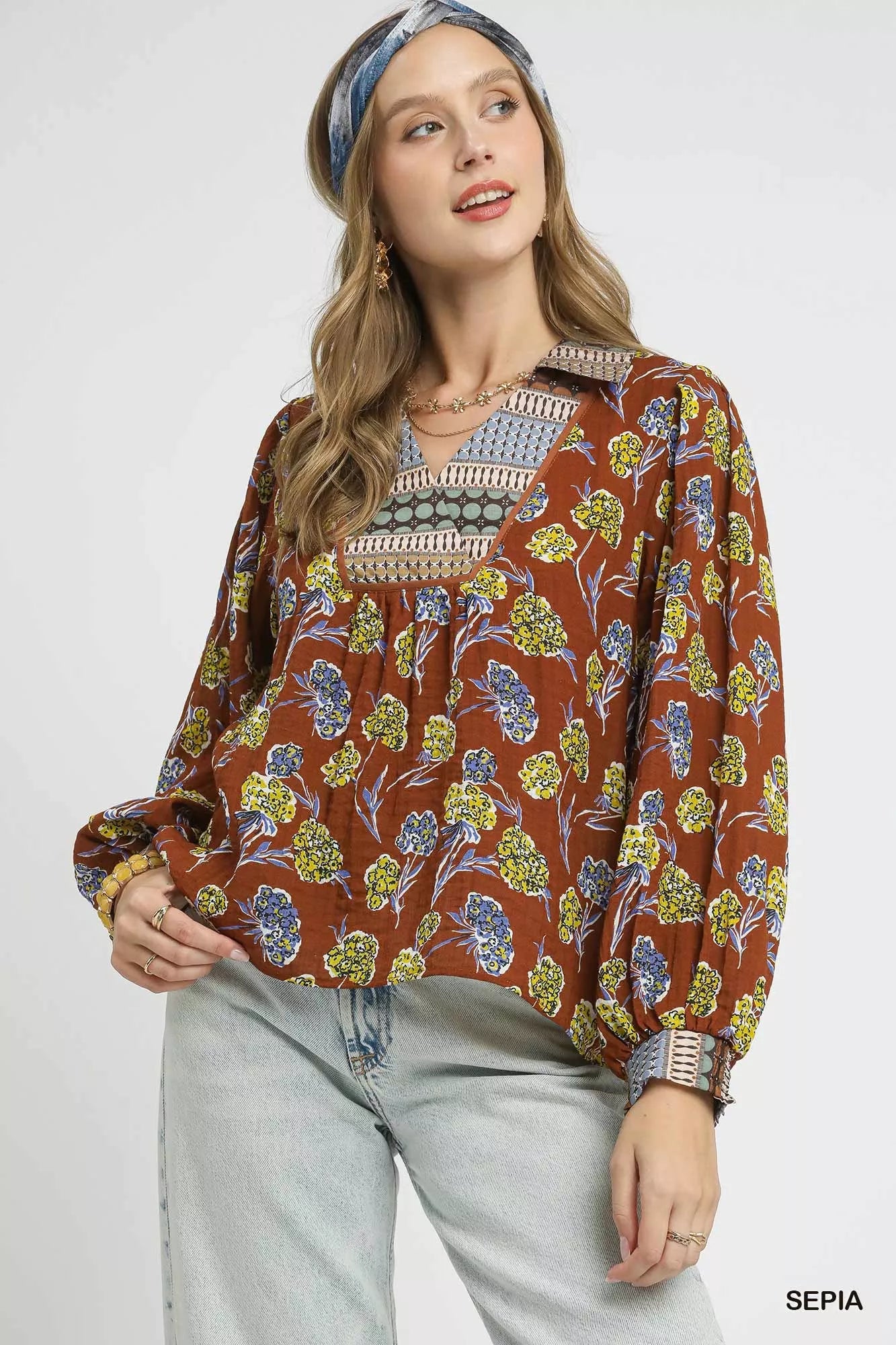 Umgee Floral Print Collar Blouse SEPIA OutfitFlow