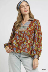 Umgee Floral Print Collar Blouse SEPIA OutfitFlow