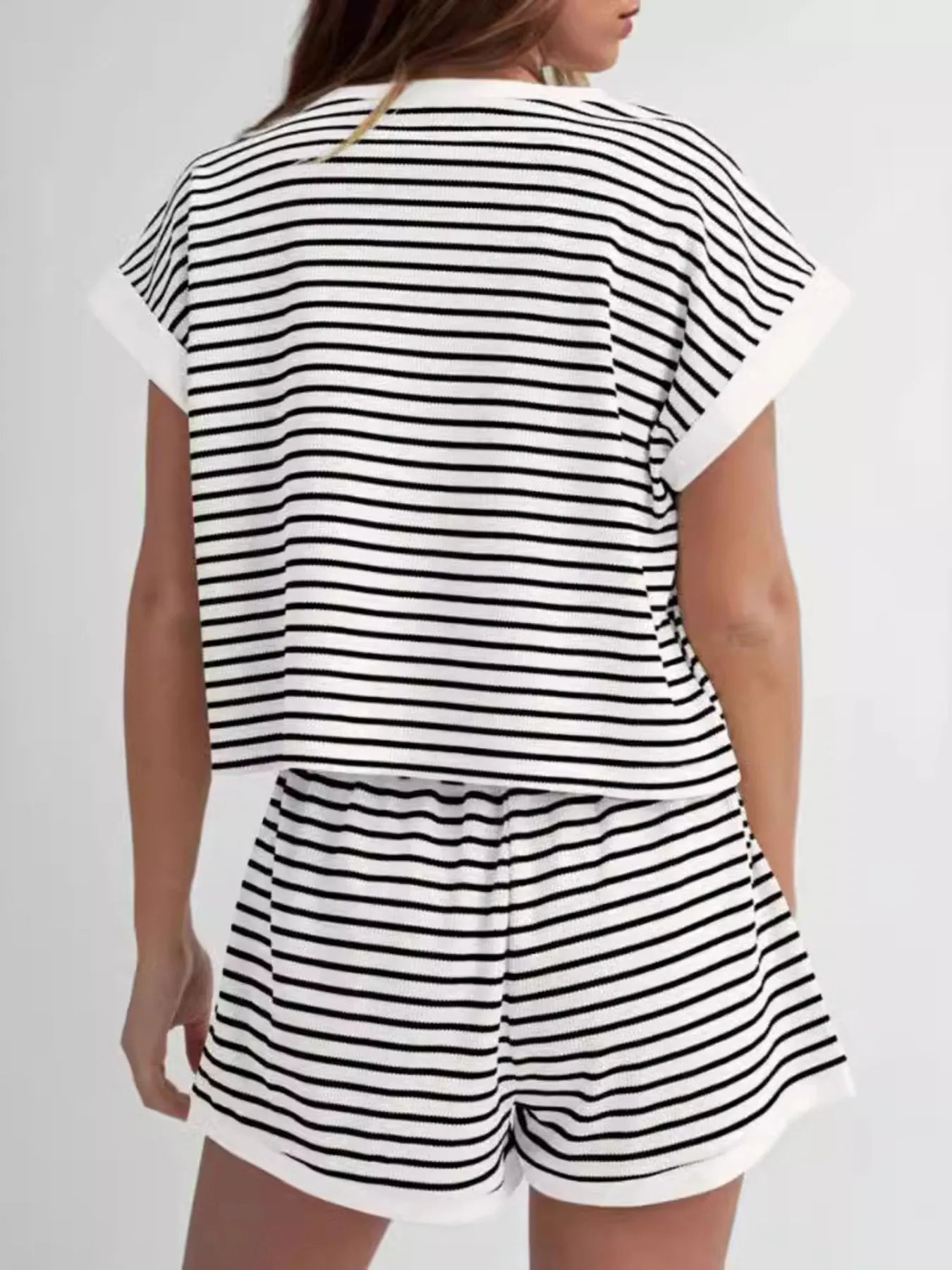 Full Size Contrast Striped T-Shirt and Shorts Set Plus Size OutfitFlow