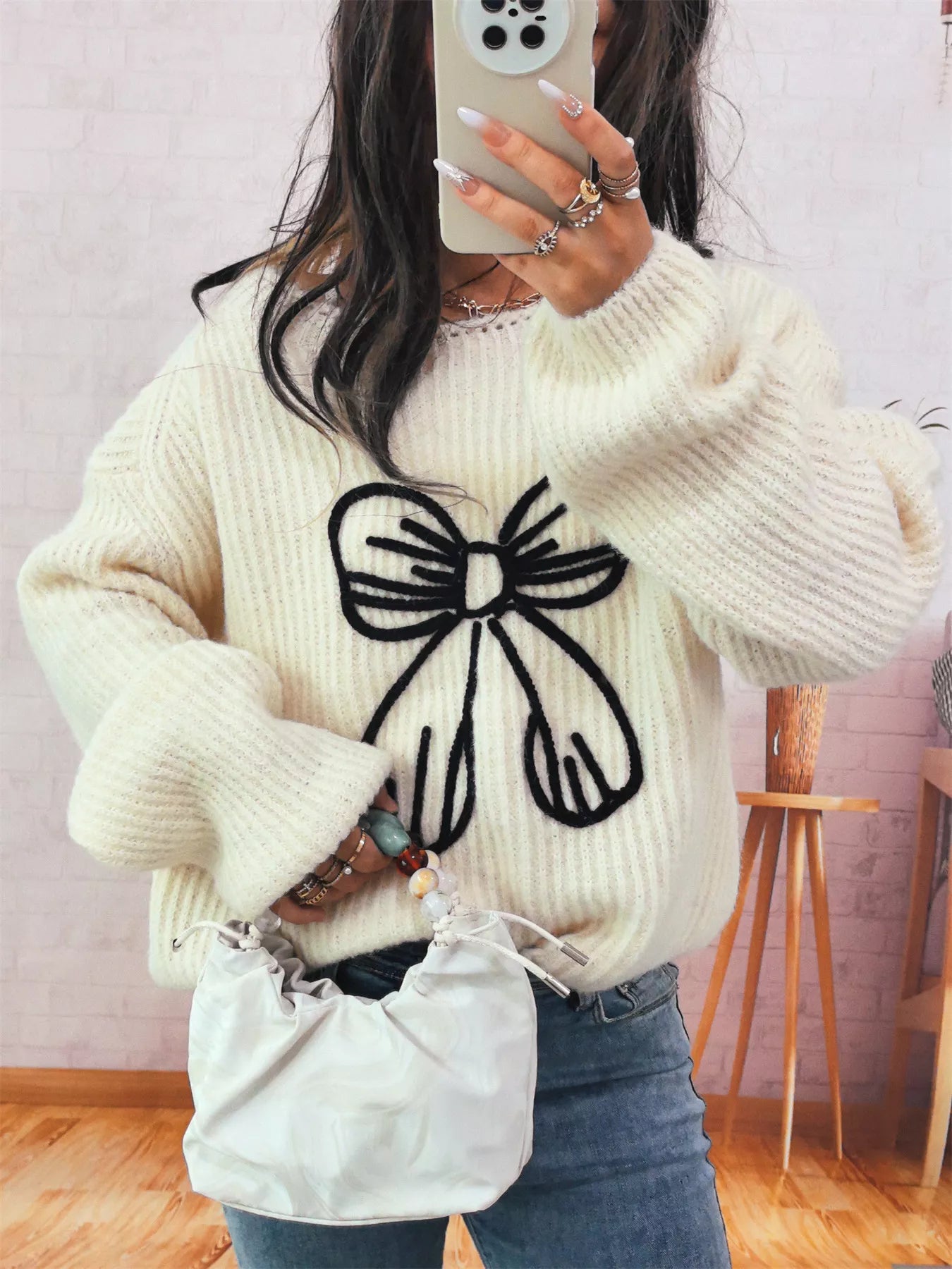 Bow Round Neck Long Sleeve Sweater OutfitFlow