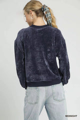 Umgee Velour Crewneck Balloon Sleeve Sweatshirt OutfitFlow