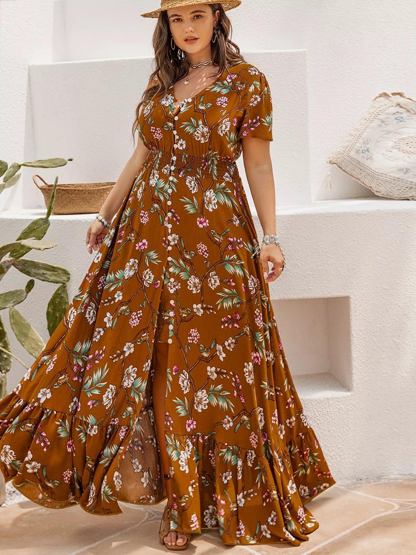Plus Size Floral V-Neck Short Sleeve Dress OutfitFlow