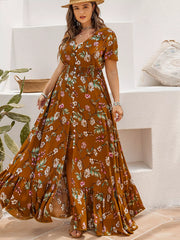 Plus Size Floral V-Neck Short Sleeve Dress OutfitFlow