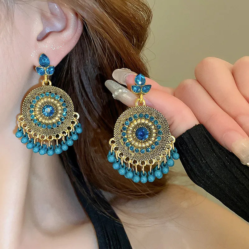 Rhinestone Alloy Bead Dangle Earrings Cerulean One Size OutfitFlow
