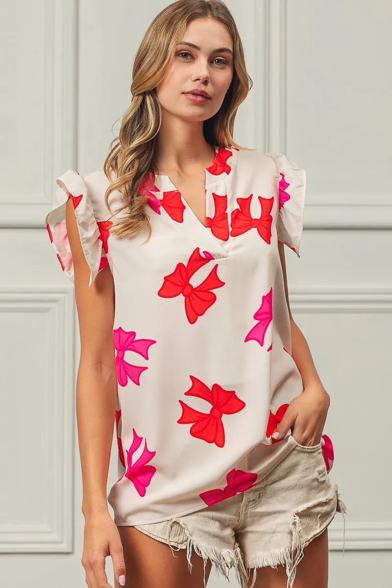 BiBi Bow Printed Woven Ruffled Sleeves V Neck Top OutfitFlow