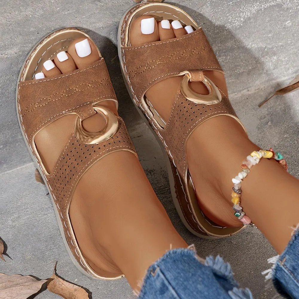 Open Toe Flats Sandals Brown OutfitFlow