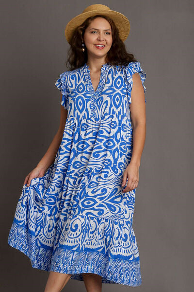 Umgee Full Size Two Tone Border Print Ruffle Cap Sleeve Midi Dress Plus Size OutfitFlow