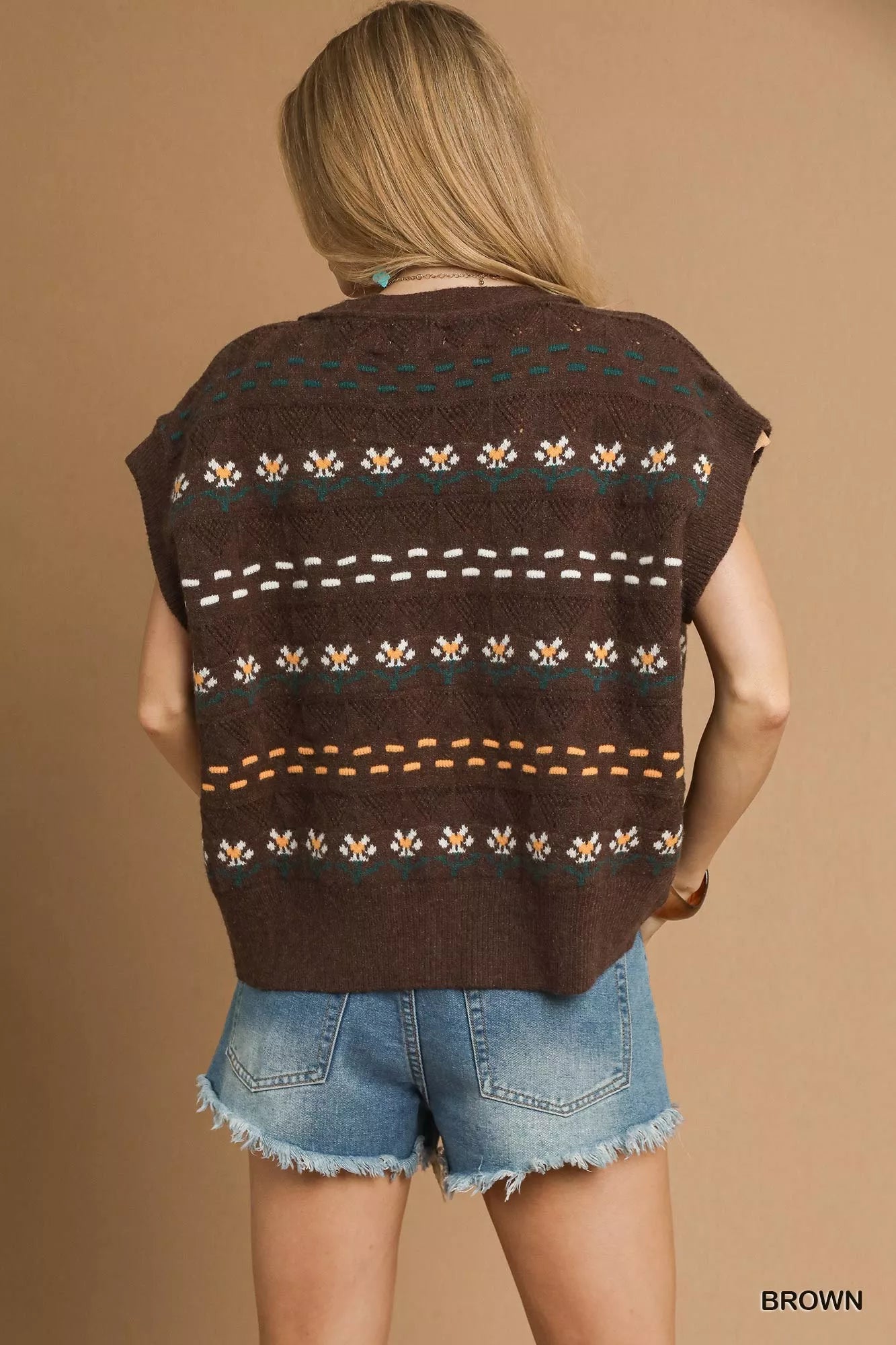 Umgee Button-Down Knit Vest with Floral Pattern OutfitFlow