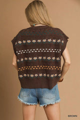 Umgee Button-Down Knit Vest with Floral Pattern OutfitFlow