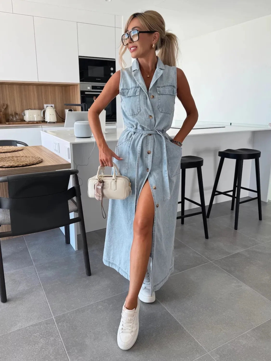 Button Front Sleeveless Denim Dress OutfitFlow