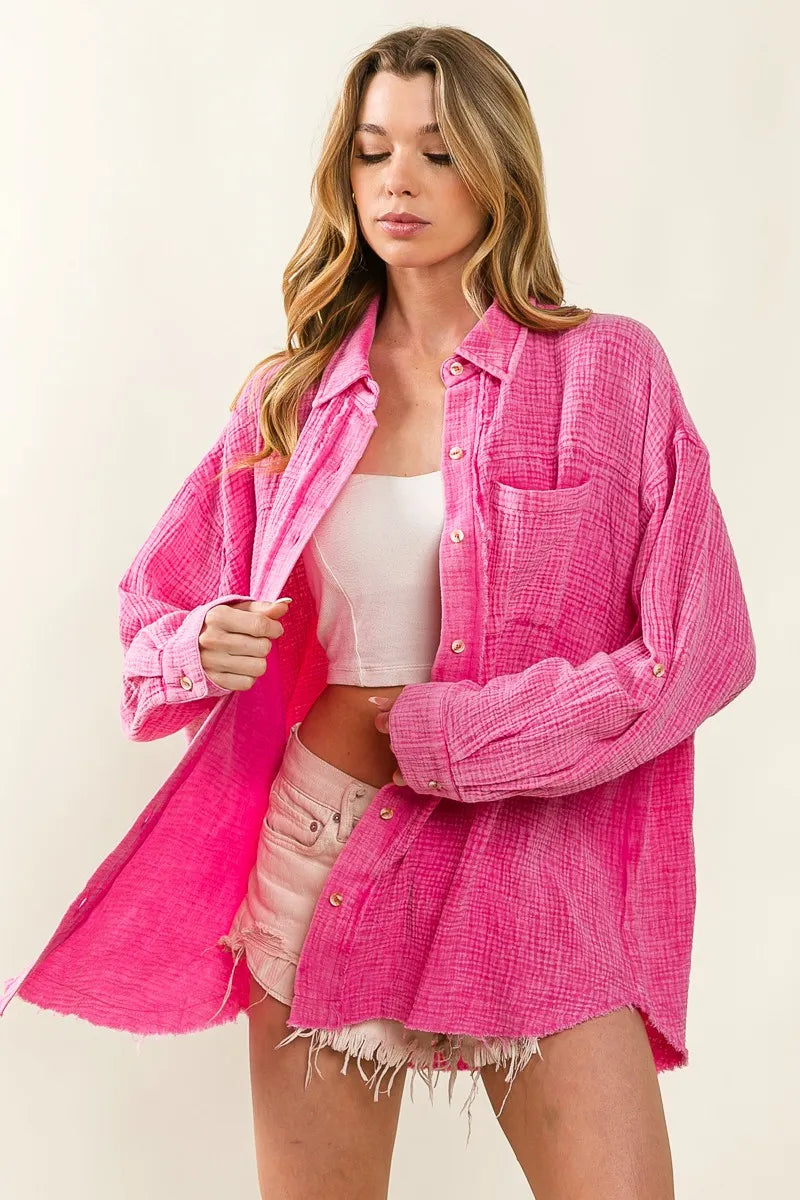 BiBi Raw Edge Detailed Mineral Washed Loose Fit Shirt OutfitFlow
