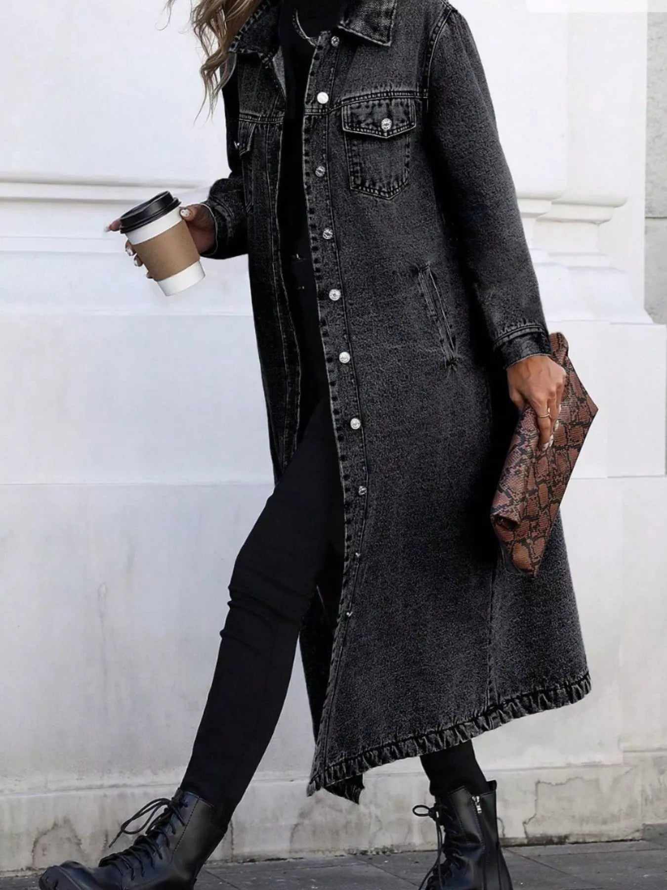 Longline Button-Front Denim Jacket OutfitFlow