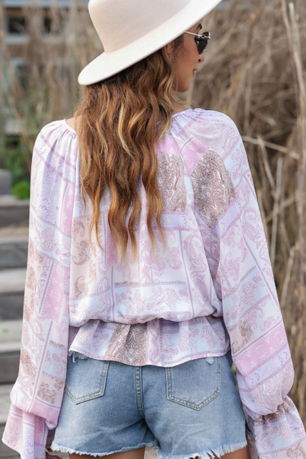 Outfit Flow - Printed Tie Neck Flounce Sleeve Blouse