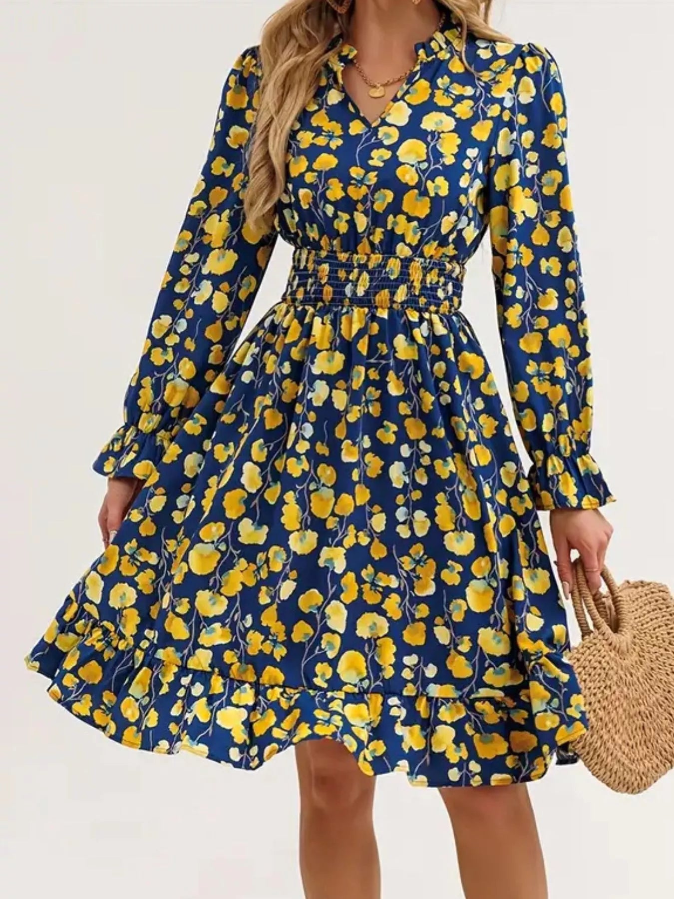 Floral Notched Flounce Sleeve Dress OutfitFlow