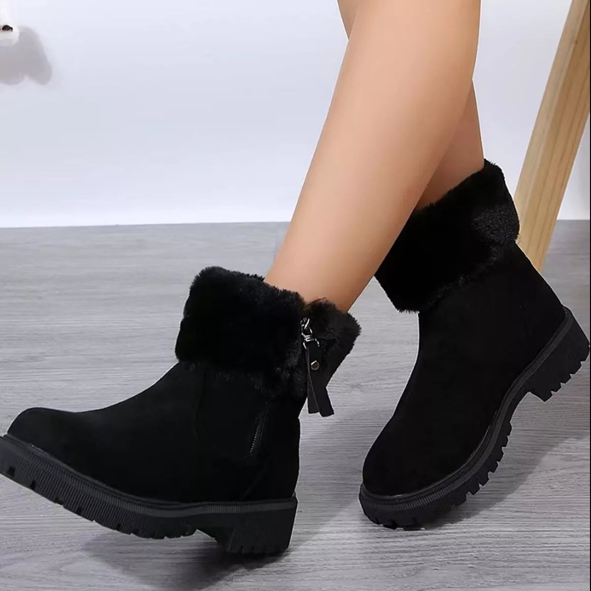 Side Zipper Fuzzy Boots Trendsi